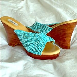 Beaded Turquoise slip on wooden platform wedge
